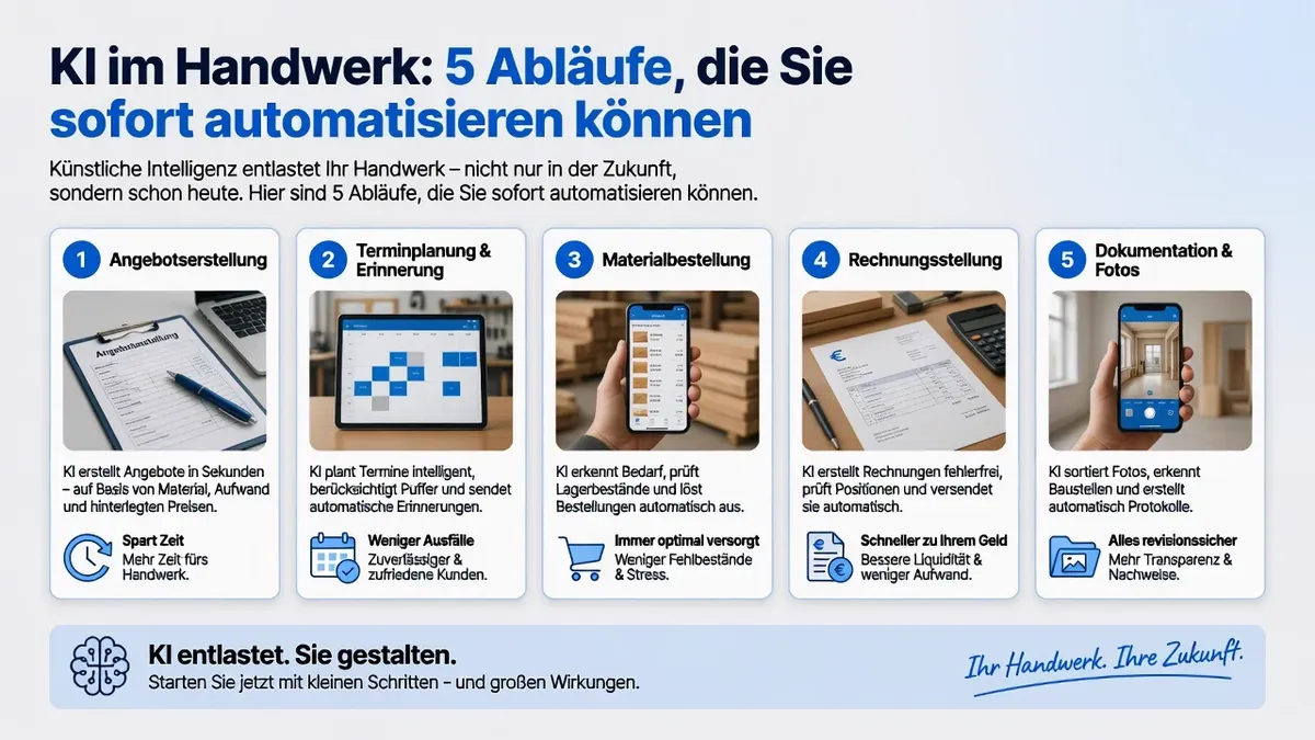 KI im Handwerksbetrieb: 5 Abläufe, die Sie sofort automatisieren können